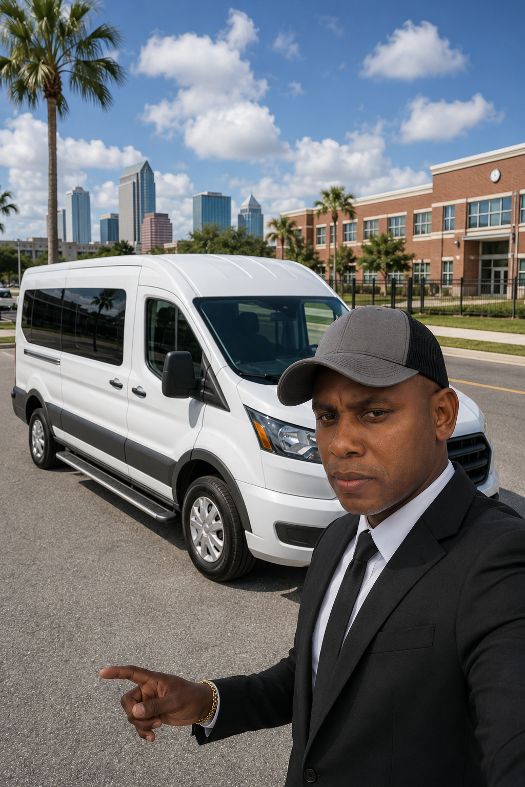 Chofer profesional junto a una van de pasajeros en Tampa